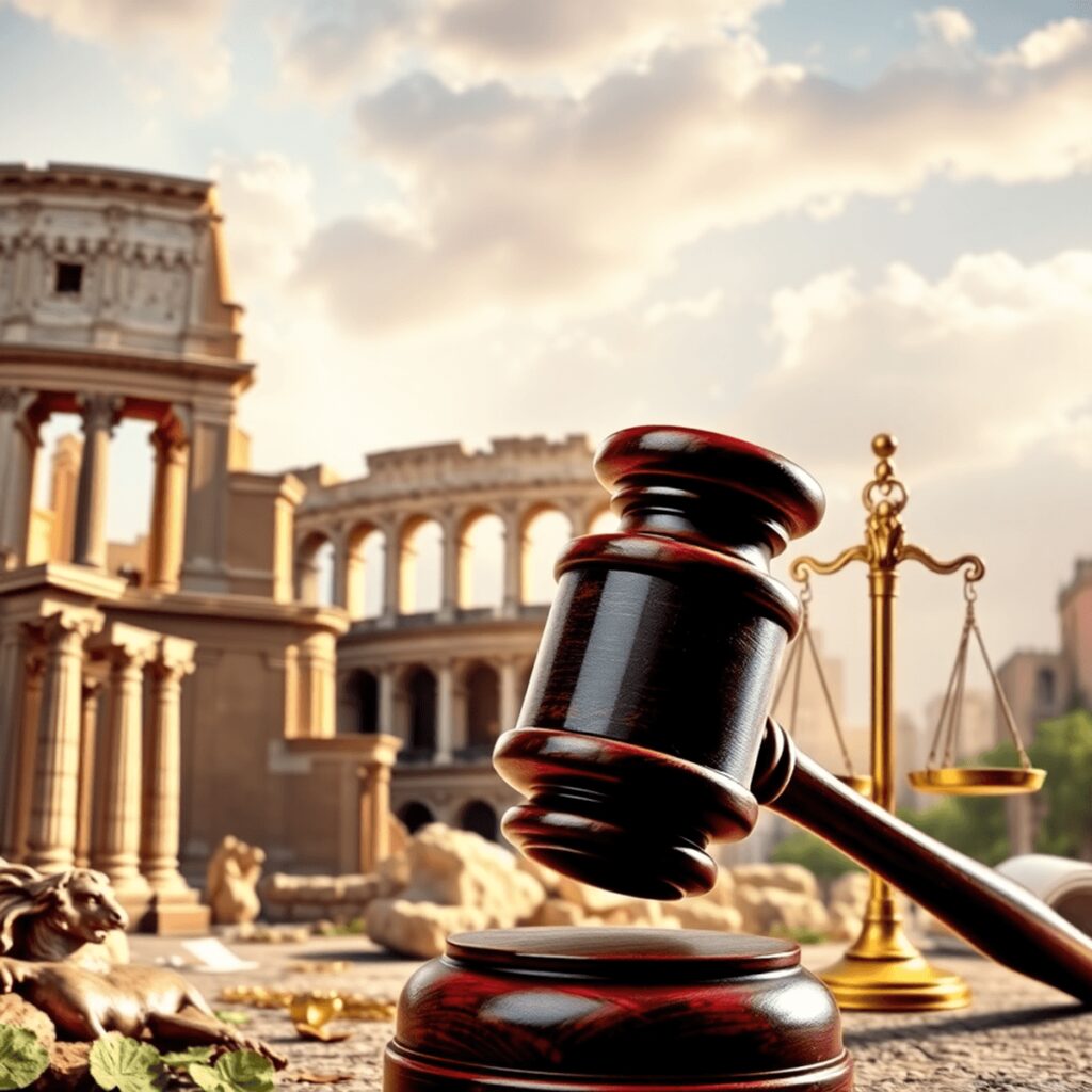 A captivating blend of ancient Roman architecture and modern legal symbols, showcasing the Colosseum alongside a gavel and scales of justice, mergi...