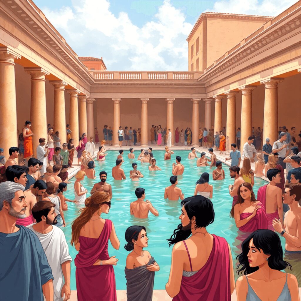 A vibrant illustration of a bustling Roman public bath filled with people engaging in conversation and leisure activities, surrounded by classical ...