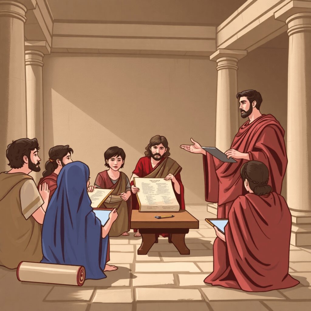 An artistic depiction of a Roman classroom, showcasing a teacher engaging with students surrounded by scrolls, tablets, and classical architecture ...